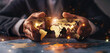 © Anna - Hands of a businessperson holding a shimmering golden world map with glowing points on a map background. Concepts of global business, investment opportunities, and international connections.