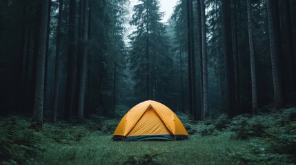 an orange tent pitched in a dense, dark forest during evening time, highlighting the solitude and tr