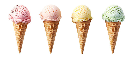 assorted ice cream cones with different flavors on waffle cones, featuring mint, vanilla, strawberry, and mango,  isolated on a transparent background