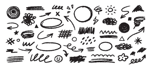 Aufkleber - Collection of hand drawn simple decorative elements. Doodle shapes and squiggles in grunge style.