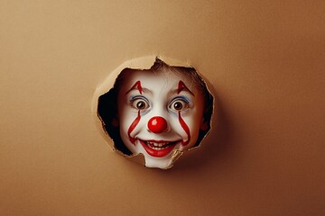 A clown face peeking through a hole in brown paper.