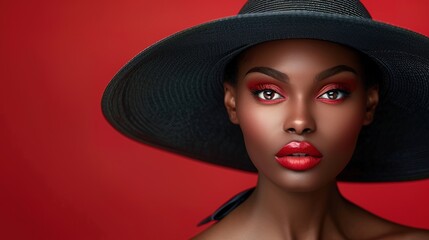 Wall Mural - Elegant black lady in wide brimmed hat with red lips makeup on red burgundy background