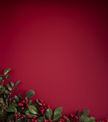 Christmas mistletoe on anisolated dark red background with copy space for text. Copy space for text. For banner, design, social media, blog, cover, wallpaper, thumbnail, youtube,