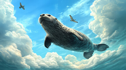 Sticker - A seal is swimming in the clouds with birds flying above, AI