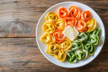 Poster - Colorful Tortellini Pasta on a White Plate with Butter - A plate of colorful tortellini pasta arranged in a circular pattern with a small amount of butter in the center. The tortellini are yellow, ora