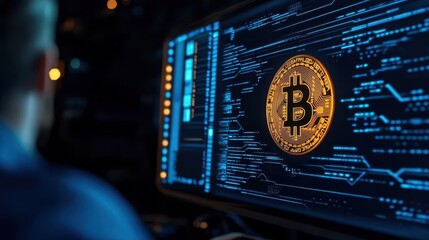 A digital workspace showcasing a Bitcoin symbol on a futuristic interface, representing cryptocurrency and blockchain technology.