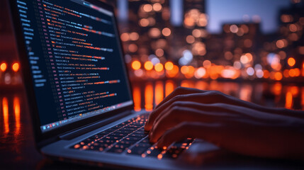 A programmer types code on a laptop in front of a city lights backdrop.