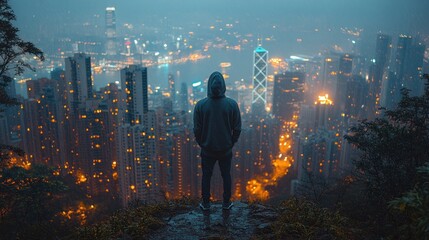 Poster - Man Looking Over City Lights