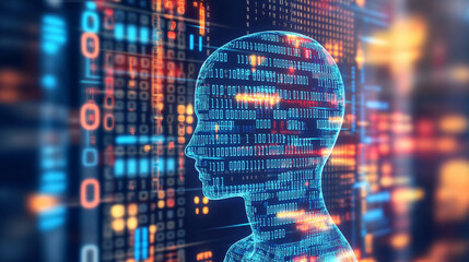 A digital human head made of binary code against a background of glowing code.