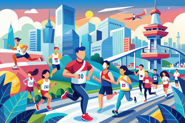 Wall Mural - People running the International Marathon through the city 