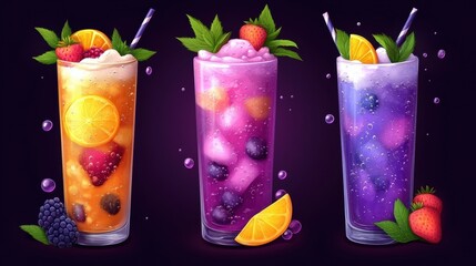 Poster - Colorful Mocktail Glasses with Fruits and Bubbles