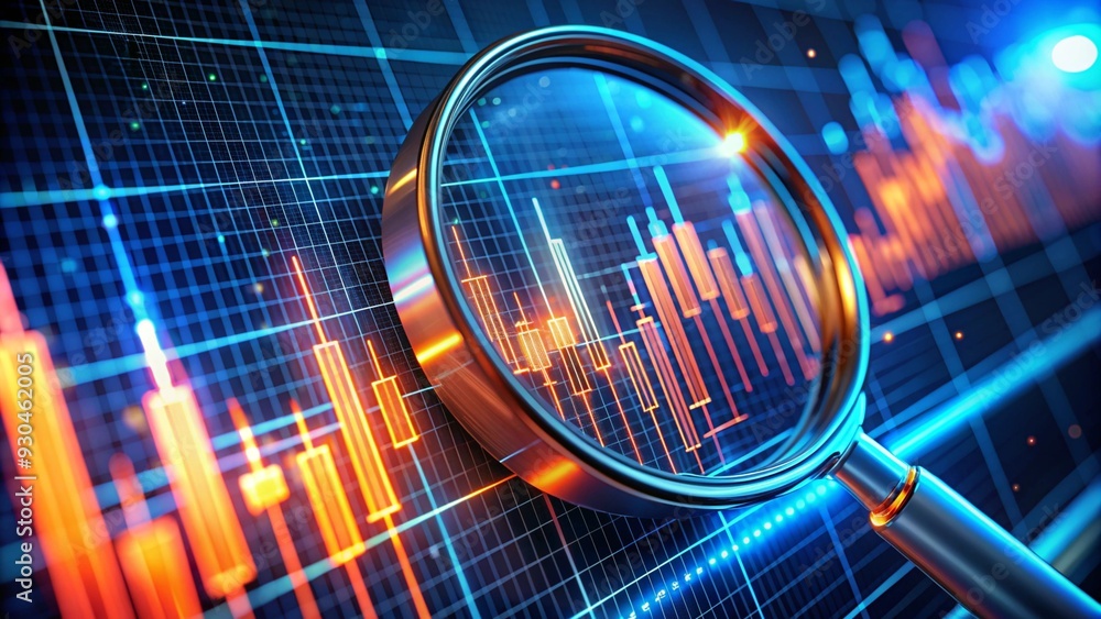 Magnifying glass zooms in on digital financial charts, glowing data ...