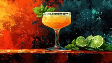 Wall Mural - Vibrant Cocktail Garnished with Mint and Lime Slices