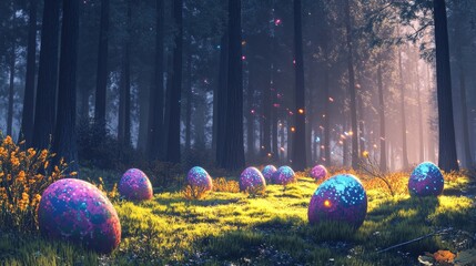 Wall Mural - Enchanting Forest Path with Mystical Eggs - A magical forest path lined with glowing orbs, symbolizing mystery, wonder, dreams, nature, and imagination.