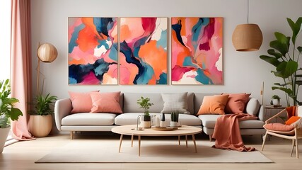 liveable and contented atmosphere living room design concept featuring vibrant abstract painting art wall hanging picture, mockup idea.