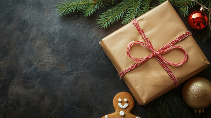 Sticker - Festive Christmas Gift with Gingerbread Man and Fir Branches on Rustic Background - A beautifully wrapped Christmas gift with red and white twine, adorned with fir branches, a gingerbread man cookie, 