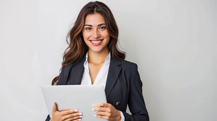 Wall Mural - Young smiling business woman holding open laptop on white background