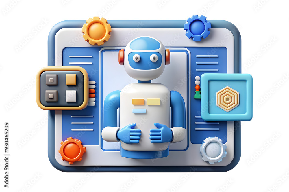 Flat AI Powered Human Machine Interface Vector - Minimalistic Abstract Concept Integrating AI in HMI with Biometric Patterns and Digital Interfaces on White Background - Smart Business Tone