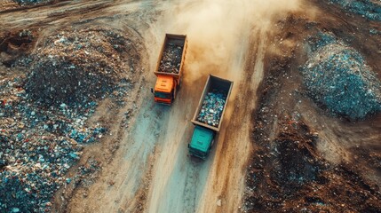 Two dump trucks transporting waste on a dirt road, creating dust clouds. The scene conveys a sense of industrial activity and environmental impact.