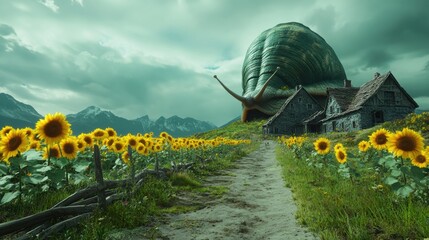 Wall Mural - A snail is walking down a dirt road next to some flowers, AI