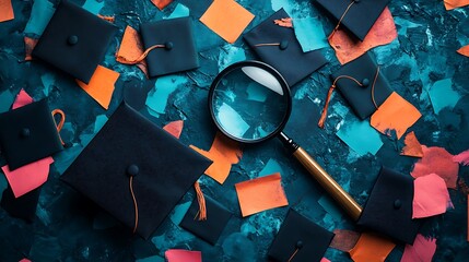 Graduation Caps, Magnifying Glass, and Colorful Papers