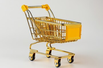 Golden Shopping Cart - Symbol of Consumerism and Success - A miniature golden shopping cart on a white background, symbolizing consumerism, success, wealth, purchasing power, and financial prosperity.