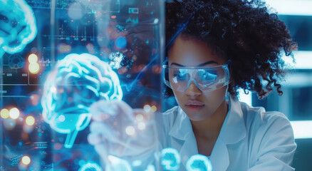 A young Black woman in lab goggles is looking at a holographic blue and white digital brain on a glass screen