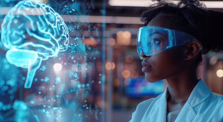 Wall Mural - A young Black woman in lab goggles is looking at a holographic blue and white digital brain on a glass screen