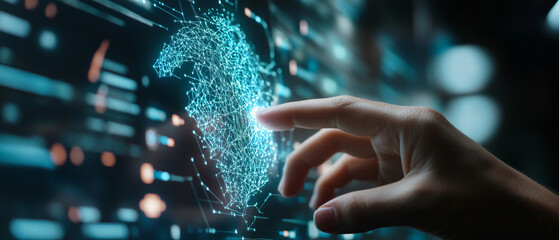 Wall Mural - closeup hand using computer fine-tuning ai models artificial intelligence