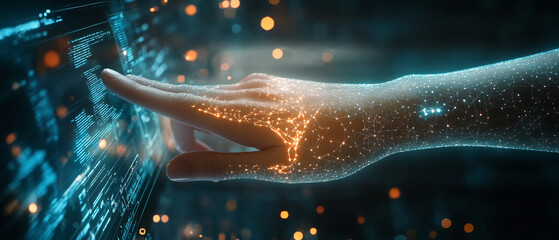 Wall Mural - closeup hand using computer fine-tuning ai models artificial intelligence