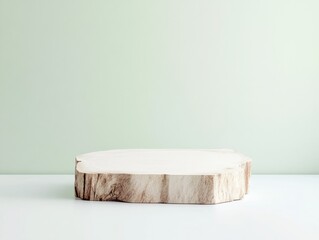 Poster - Minimalist Daylight Mockup with Textured Wooden Podium in Misty Natural Setting, Gradient Light Green Background