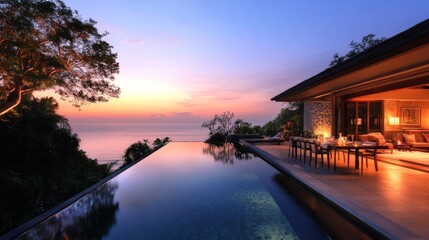 An expansive view of the sunset over the seascape is surrounded by an infinity pool and dining area. An exquisite tropical hideaway ideal for a duo