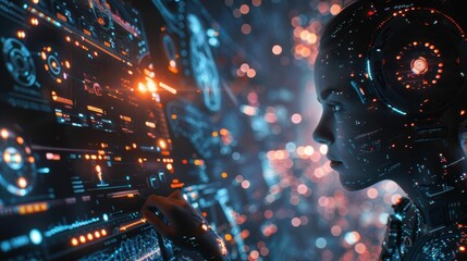 A futuristic robot interacts with glowing digital interfaces, showcasing advanced technology and artificial intelligence.