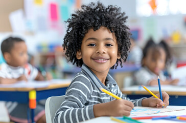 Sticker - A teacher standing in front of her students, smiling and helping them with their homework at the desk