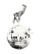 © ugguggu - Halftone hand holding disco ball hanging on string collage element. Cut out of a magazine party festive symbol. Trendy modern retro vector illustration isolated on transparent background