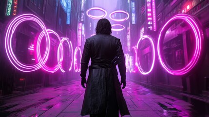 Wall Mural - A man in a black coat standing on an empty street with neon lights, AI