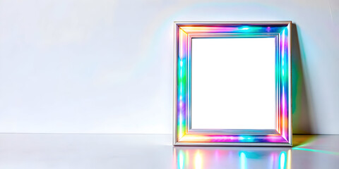 Holographic Digital Frame with Glowing Borders - Futuristic Technology Concept with Ample Copy Space on Glossy White Surface for Digital Displays in Photo Stock