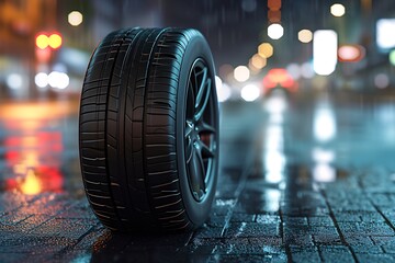 a tire on a wet road