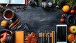 © LuvTK - A seamless pattern of tech tools for learning, including tablets, headphones, and styluses, arranged in a balanced and organized layout, with sleek designs and bright colors on a chalkboard surface,