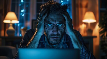 A stressed man with glasses and tousled hair sits at a desk with his hands on his head, illuminated by blue and warm lights in a dimly lit room, ideal for illustrating stress, work pressure