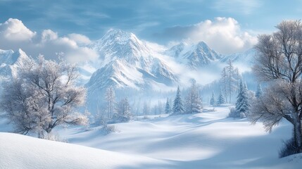 Poster - Serene Winter Wonderland in Snowy Mountains - The image depicts a serene winter landscape with snow-covered mountains, trees, and a pristine white foreground. The concept symbolizes peace, tranquility