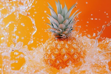 Pineapple Splashing in Water Against a Vibrant Orange Background