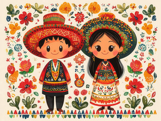 Hispanic cultural patterns flat design top view theme traditional art cartoon drawing Splitcomplementary color scheme