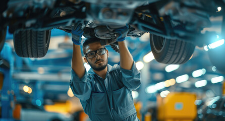 Wall Mural - An auto mechanic is working on the undercarriage, obscured by his hands, in an automotive workshop