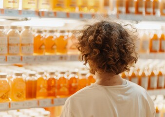 disappointed female customer in mid 30s evaluating downsized product in brightly lit store aisle, hi