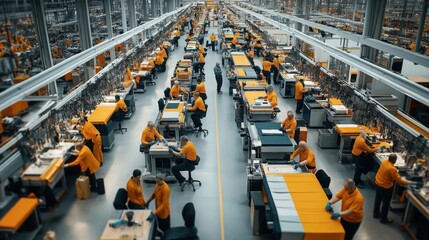 Wall Mural - Workers in a large, modern factory assembly line wearing orange uniforms. They are operating machinery and working on products in a well-organized environment.