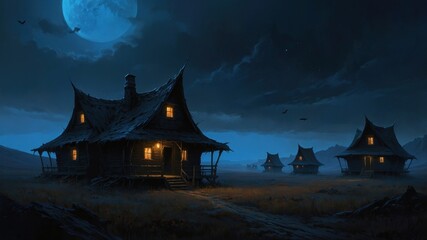 Wall Mural - Cartoon illustration, halloween huts on dark landscape