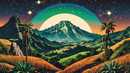 Wall Mural - Illustration retro agricultural hills and beautiful sky