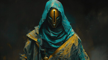 A mysterious man dressed in a hooded robe and a shiny helmet is standing silently in the dark, creating an intriguing sight