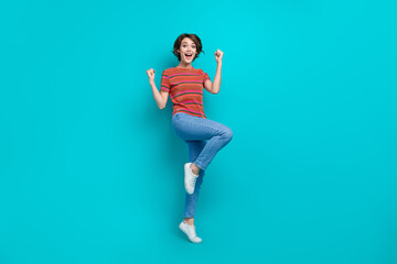 Canvas Print - Full length photo of overjoyed cheerful woman celebrate victory casino jackpot lottery isolated on cyan color background